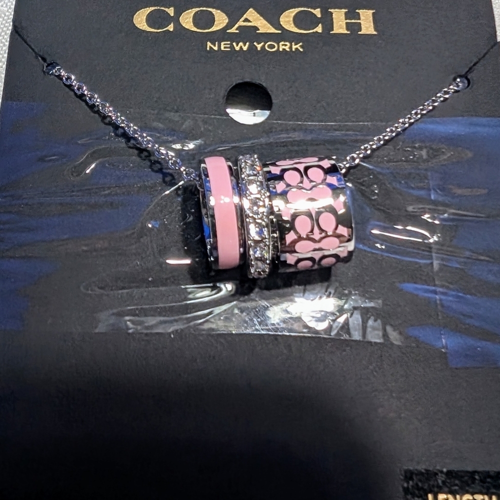 Coach 3 Ring Necklace With Logo, Pink Enamel, And Crystal Rings On Silver Chain - Picture 3 of 5